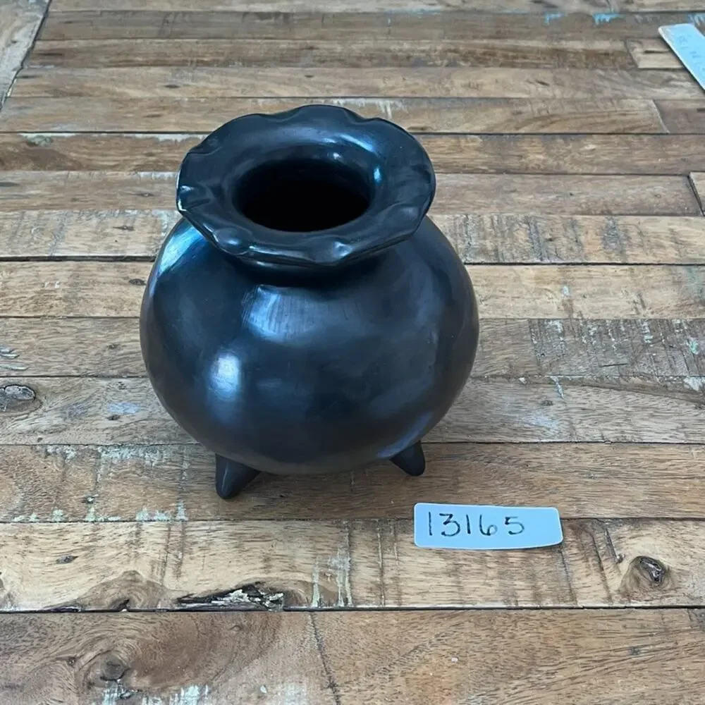 Three Footed Black Pottery Vase Traditional Barro Negro Vessel Oaxaca México